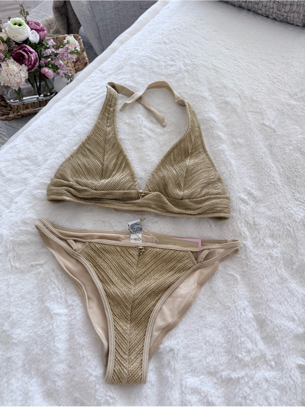 Metallic Gold Triangle Halter Bikini Set - Women Swim